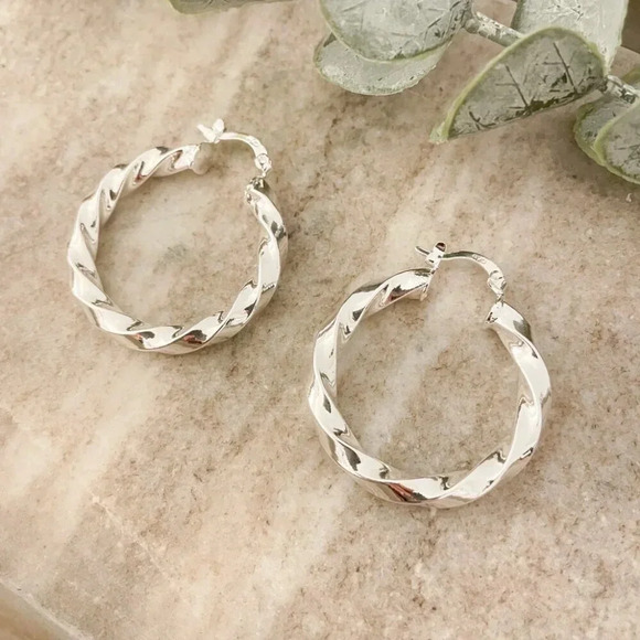 925 Sterling Silver Chunky Hoop Earrings Small Hoops Twist Spiral Hoop Earrings - Picture 3 of 6